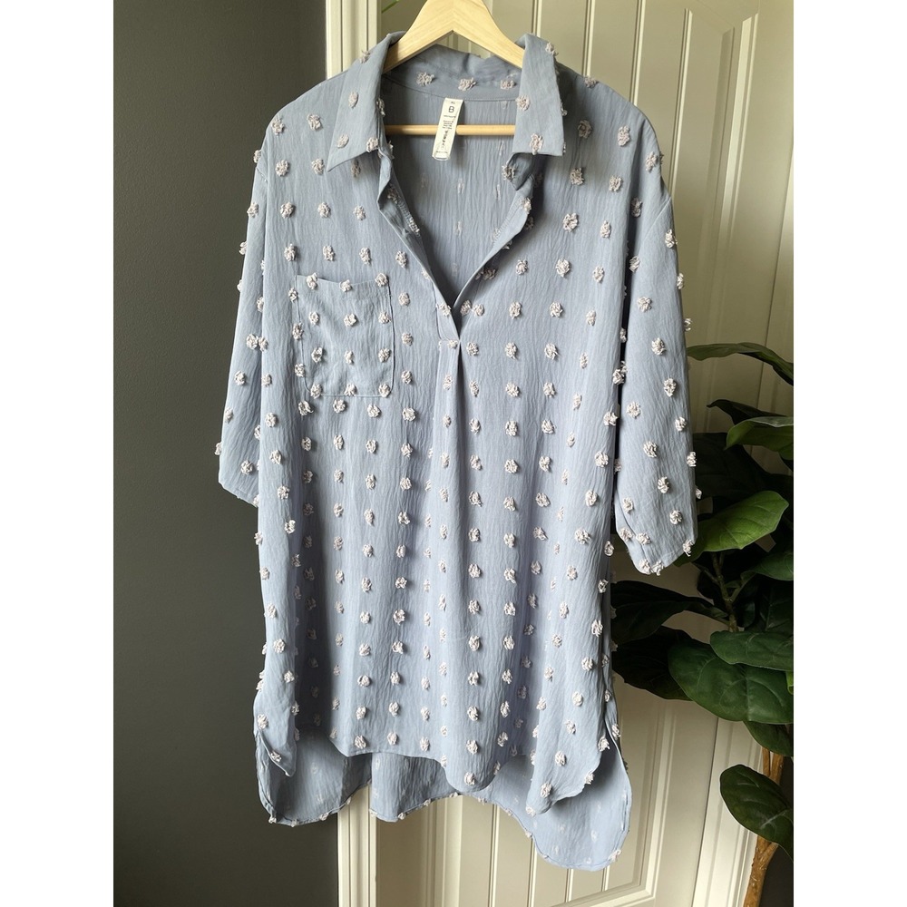 B 3/4 sleeve Hi-lo Tunic Swimsuit Coverup Periwinkle Blue Textured Swiss Dot XL